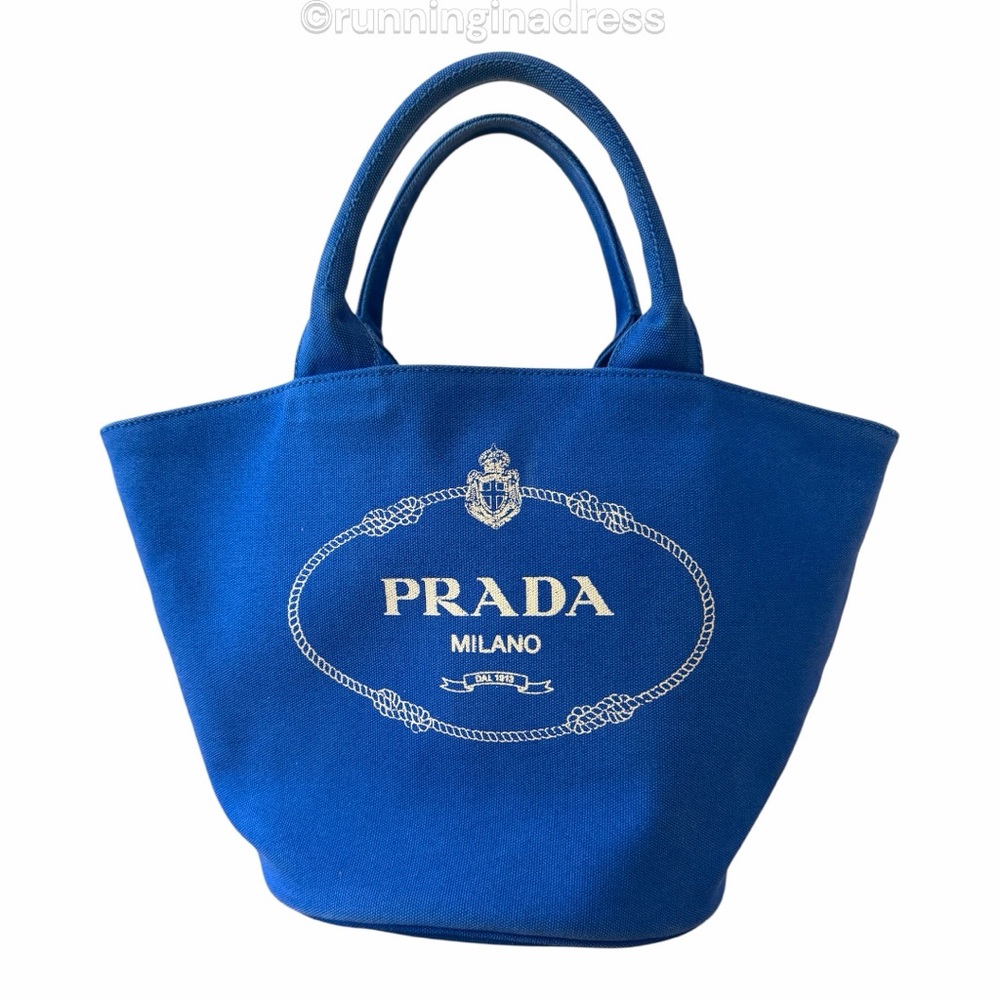 Authentic Prada Canapa Medium Bucket Tote Bag Canvas Cobalto Blue